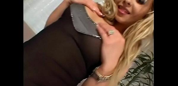  Nasty blonde bitch Sharka Blue supposes that one big cock is not enough, two sounds much better for her